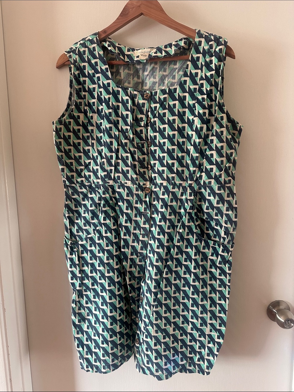 Mata Traders Sleeveless Geometric Mini Dress in Teal and Navy